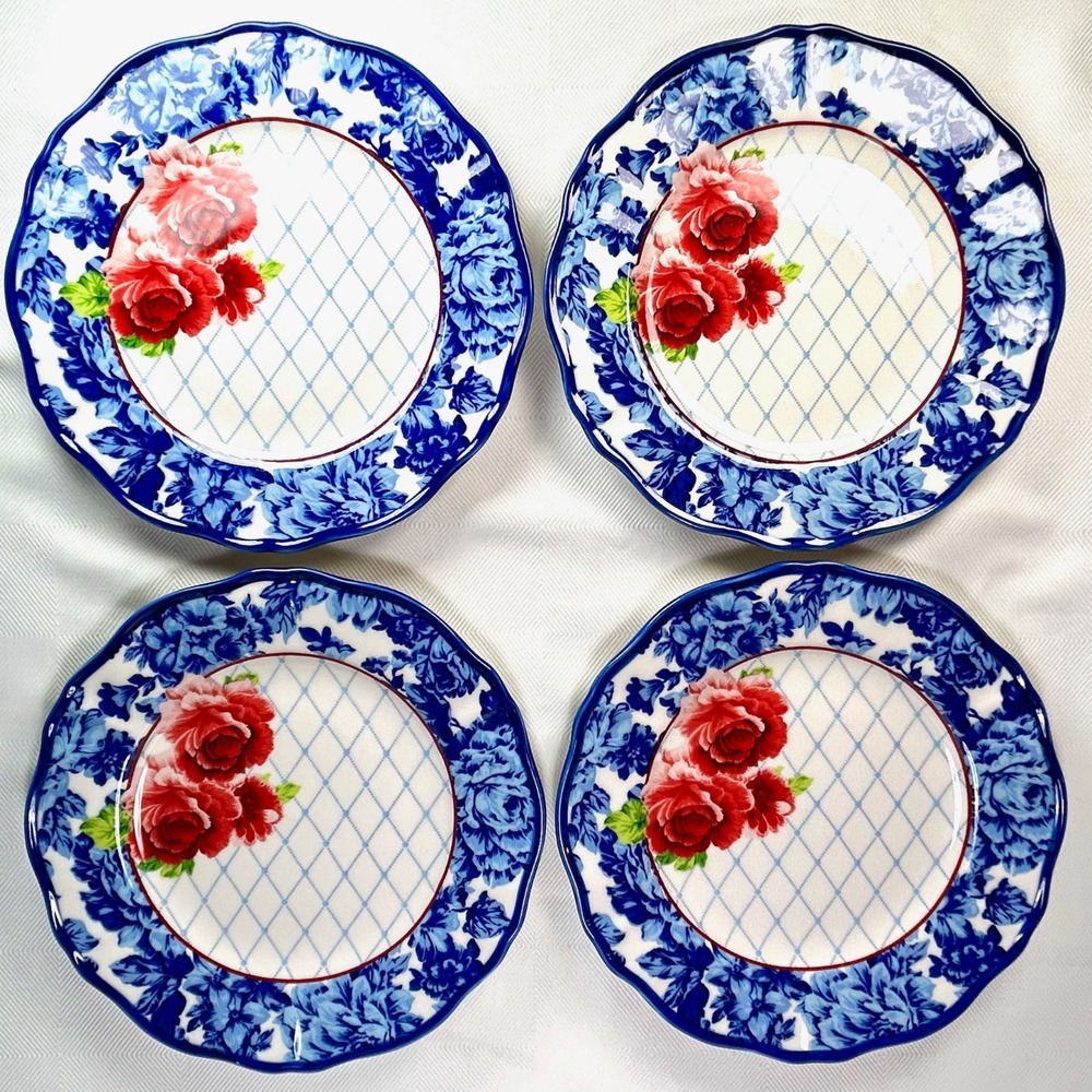 Set Of 4 Pioneer Woman Heritage Floral 10.25 Dinner Plate Cobalt Blue Red Flower